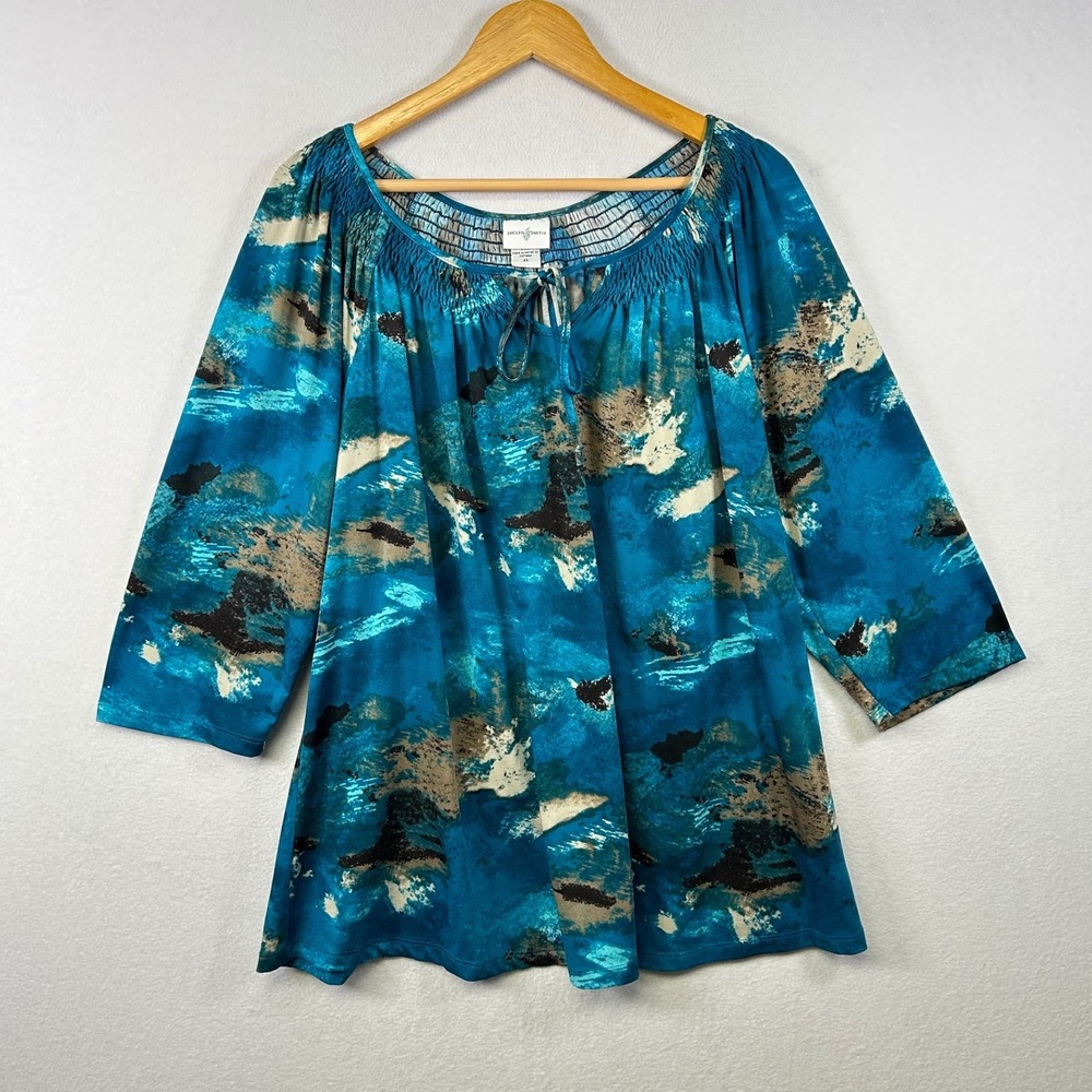 Jaclyn Smith Teal Abstract‎ Print Smocked Neck Tie Blouse Top Plus Size 2X